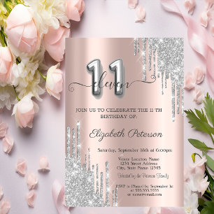 Elegant Silver Glitter Drips Rose Gold 11th Invitation