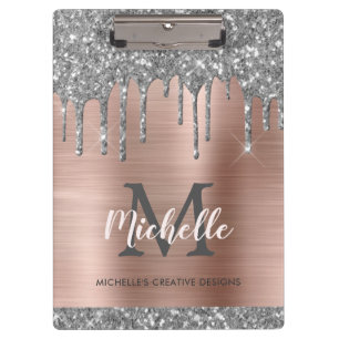 Elegant Silver Glitter Drips Rose Gold Monogrammed Clipboard