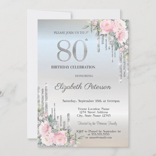  Elegant Silver Glitter Drips Roses 80th Birthday Invitation (Front)