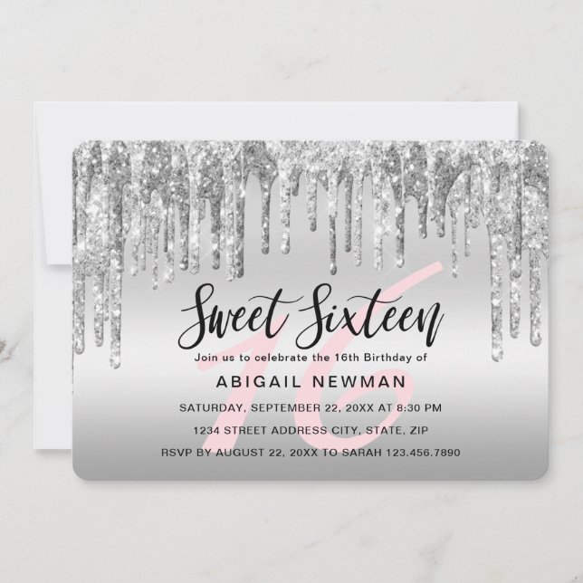 Elegant silver glitter drips sweet sixteen invitation (Front)