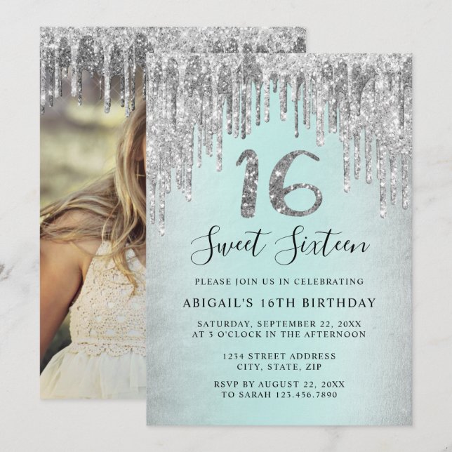 Elegant silver glitter drips sweet sixteen photo invitation (Front/Back)