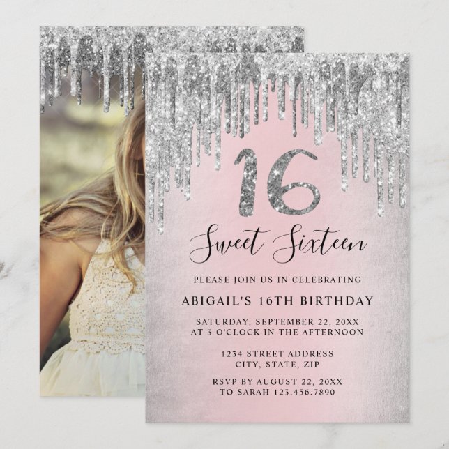 Elegant silver glitter drips sweet sixteen photo   invitation (Front/Back)