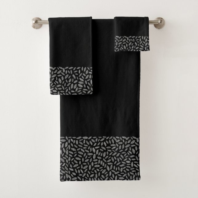 Elegant Silver Glitter Feathers on Black Bath Towel Set (Insitu)