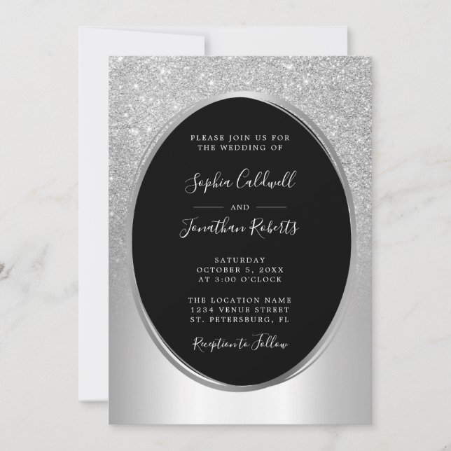 Elegant Silver Glitter Foil All in One Wedding Invitation (Front)