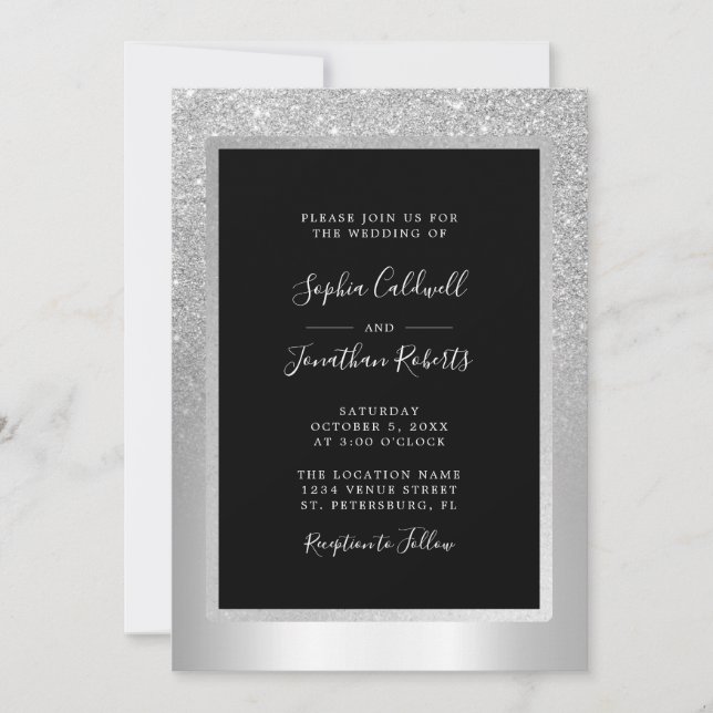 Elegant Silver Glitter Foil All in One Wedding Invitation (Front)