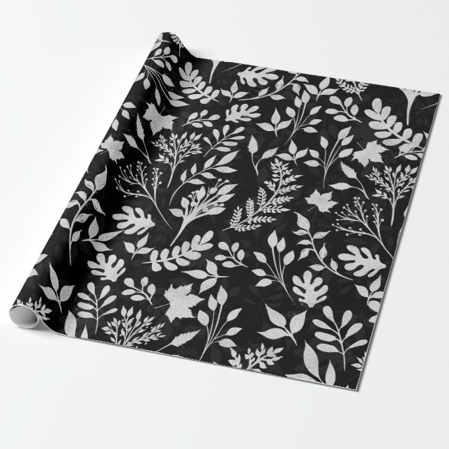 Elegant Silver Glitter Foliage Black Design Case-M Wrapping Paper (Unrolled)