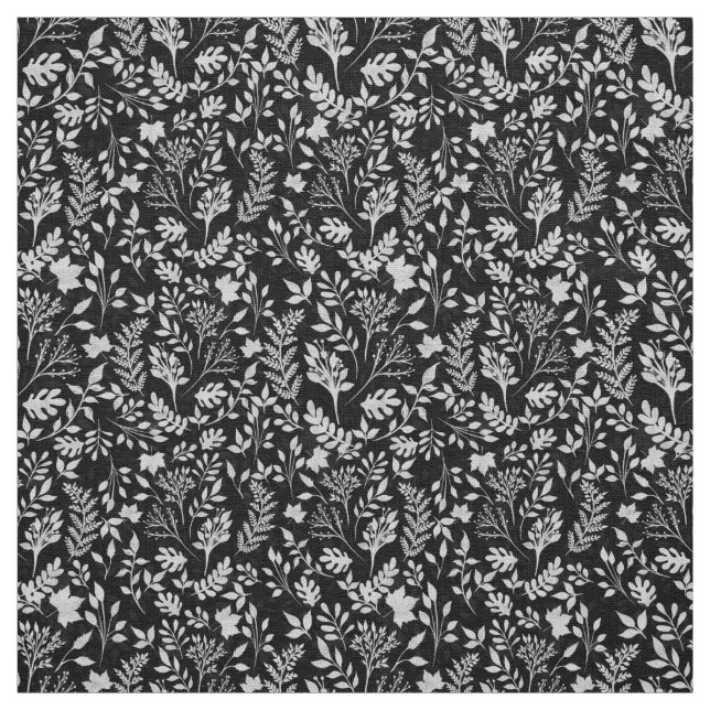 Elegant Silver Glitter Foliage Black Design Fabric (Swatch)
