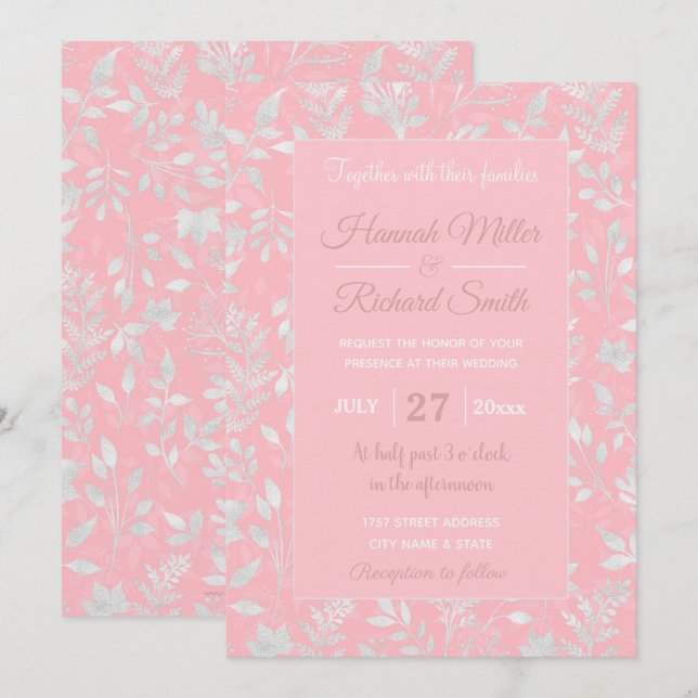 Elegant Silver Glitter Foliage Pink Design Invitation (Front/Back)