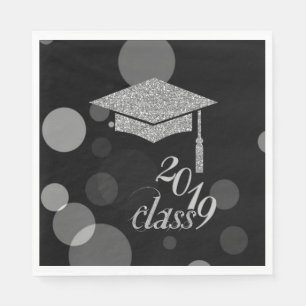 Elegant Silver Glitter Graduation Cap, Class 2019 Napkin