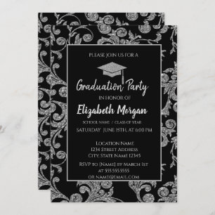 Elegant  Silver Glitter Graduation Cap,Swirls Invitation