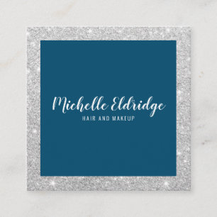 Elegant silver glitter hair makeup navy blue square business card