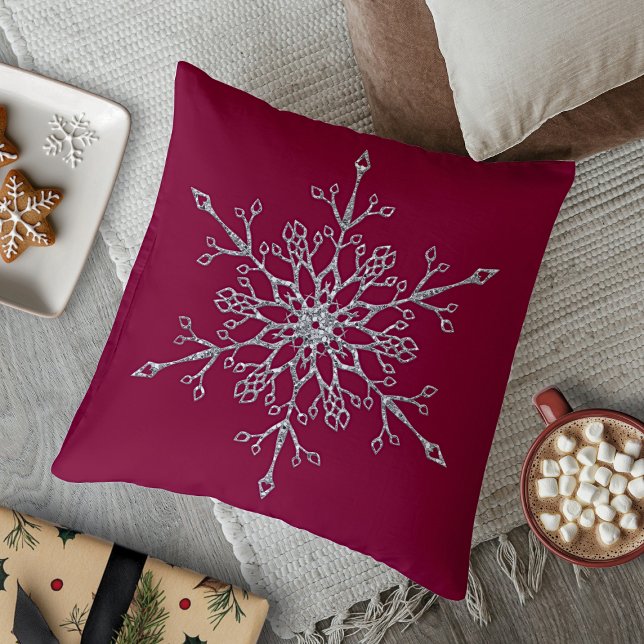 Elegant Silver Glitter Holiday Snowflake Burgundy Cushion (Elegant Silver Glitter Holiday Snowflake Burgundy Throw Pillow)