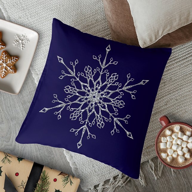 Elegant Silver Glitter Holiday Snowflake Navy Blue Cushion (Elegant Silver Glitter Holiday Snowflake Navy Blue Throw Pillow)