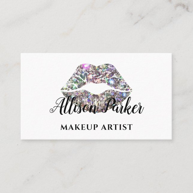 Elegant Silver Glitter Lips Makeup Artist  Business Card (Front)