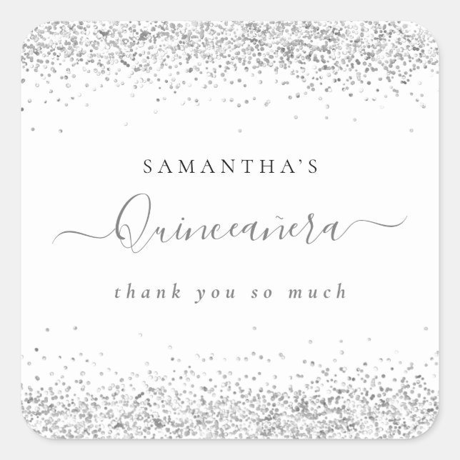 Elegant Silver Glitter Name Quinceañera Thank You Square Sticker (Front)