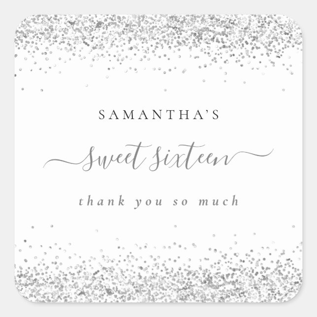 Elegant Silver Glitter Name Sweet 16 Thank You Square Sticker (Front)