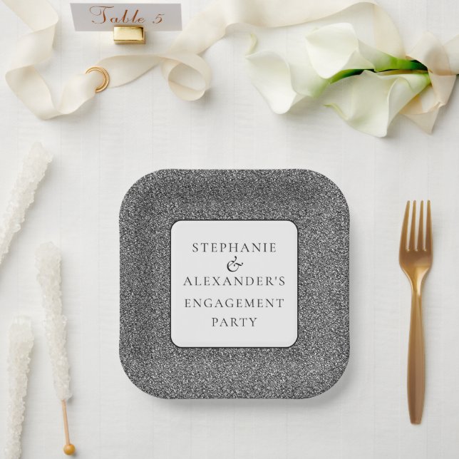 Elegant Silver Glitter Names Engagement Party Paper Plate (Wedding)
