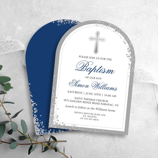 Elegant Silver Glitter Navy Blue Baptism Arch Invitation (Creator Uploaded)