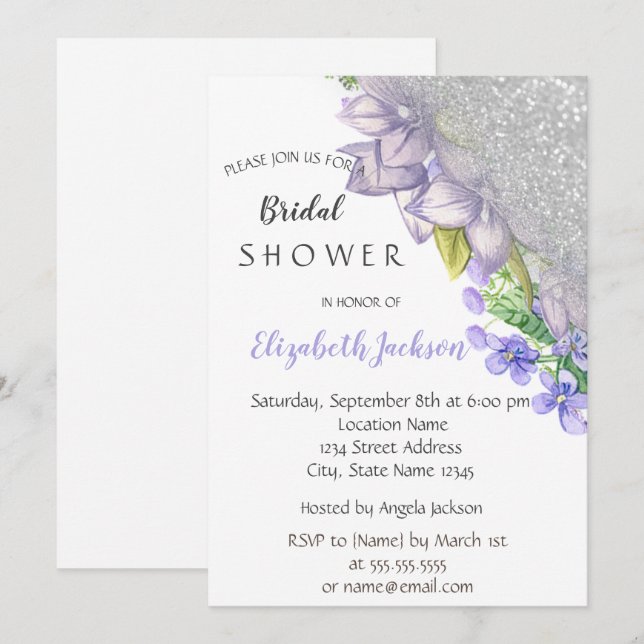 Elegant Silver Glitter Ombre,Flowers Bridal Shower Invitation (Front/Back)