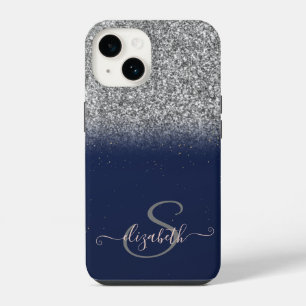 Elegant Silver Glitter Ombre,Navy Blue Monogram  iPhone 14 Case