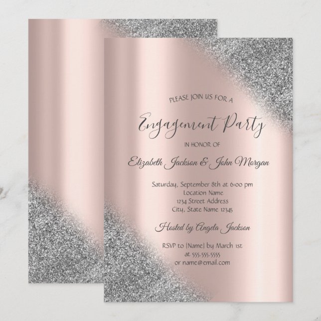 Elegant Silver Glitter Ombre Rose Gold Engagement  Invitation (Front/Back)