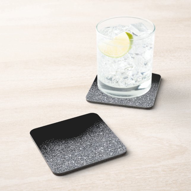 Elegant Silver Glitter on Black. Coasters (Right Side)