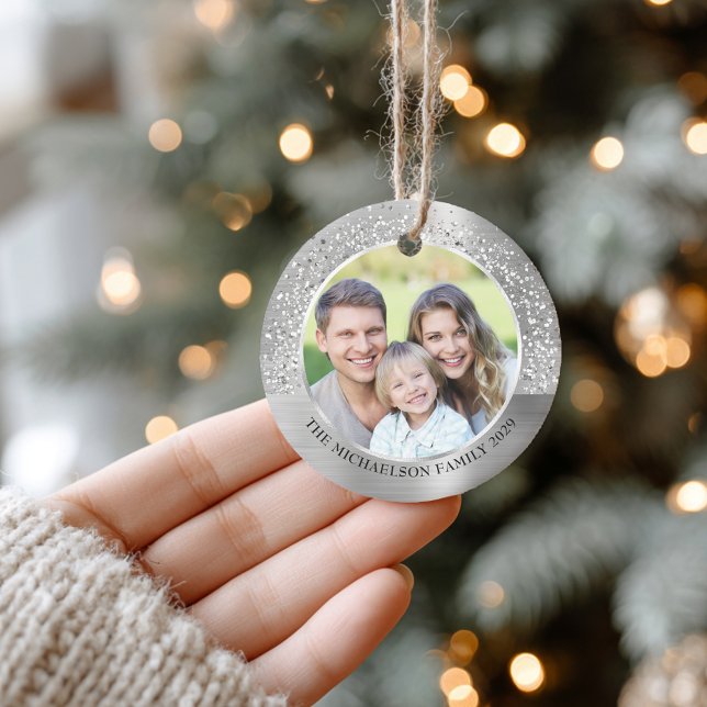 Elegant Silver Glitter Photo Metallic Christmas Ceramic Tree Decoration (Elegant Silver Glitter Photo Metallic Christmas Ceramic Ornament)