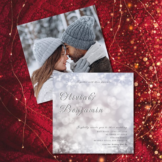 Elegant Silver Glitter Photo Shiny Wedding Invitation (Elegant Silver Glitter Photo Classic Wedding Invitation)