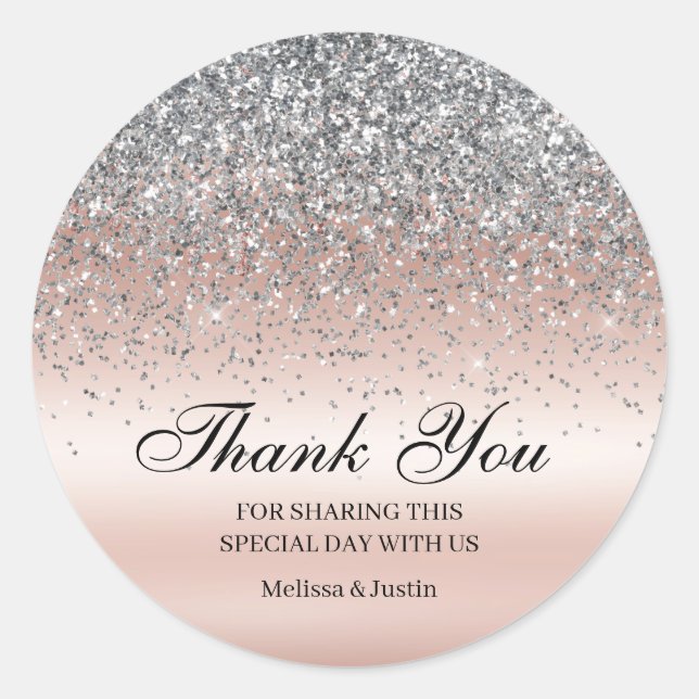 Elegant Silver Glitter Pink Wedding Classic Round Sticker (Front)