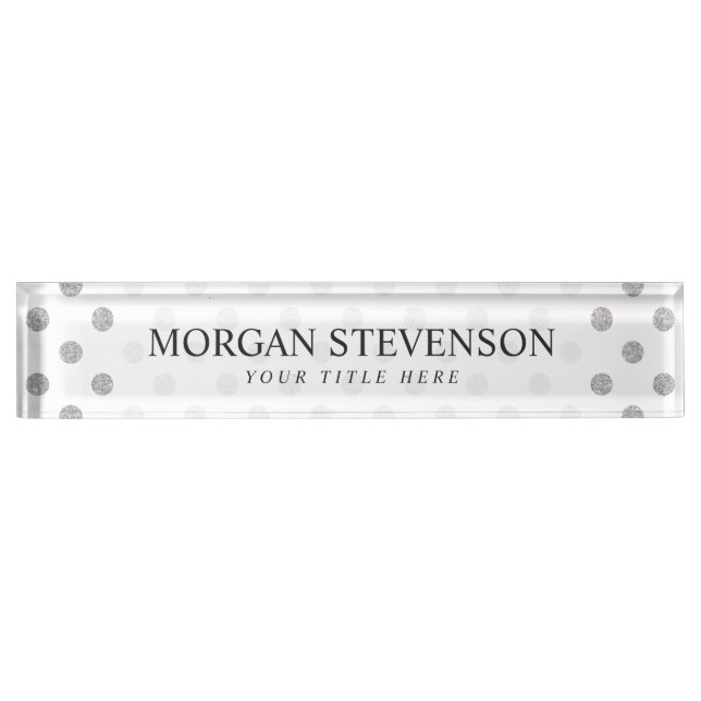 Elegant Silver Glitter Polka Dots Pattern Nameplate (Front)