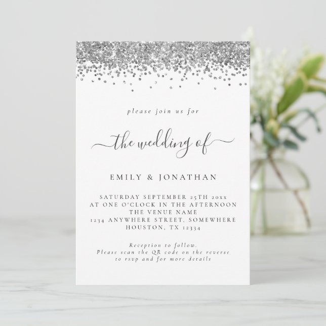 Elegant Silver Glitter QR code Wedding Invitation (Standing Front)