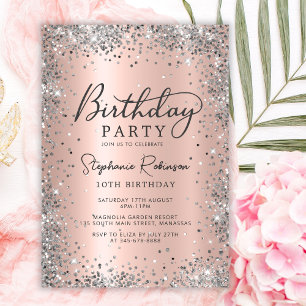 Elegant Silver Glitter Rose Gold 10th Birthday Invitation