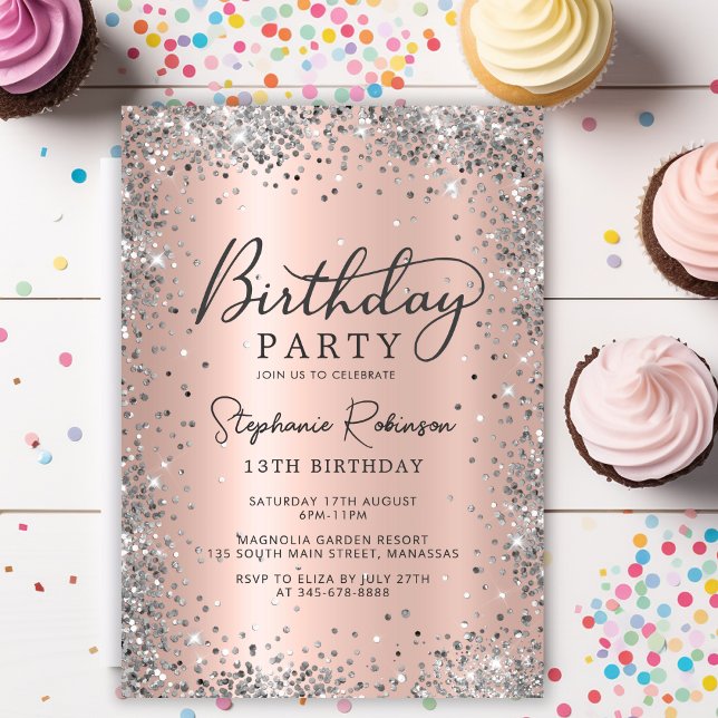 Elegant Silver Glitter Rose Gold 13th Birthday  Invitation (Creator Uploaded)