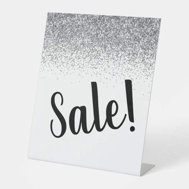Elegant Silver Glitter Sale Business Pedestal Sign (Front)