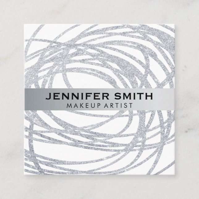 Elegant Silver Glitter Scribble Square Business Card (Front)