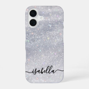Elegant Silver Glitter Script Custom Name iPhone 16 Case
