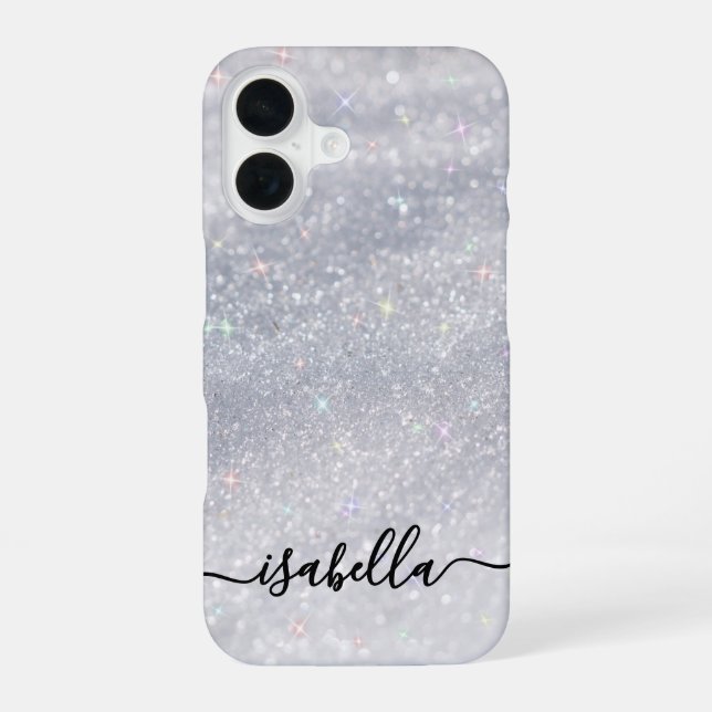 Elegant Silver Glitter Script | Custom Name iPhone 16 Case (Back)