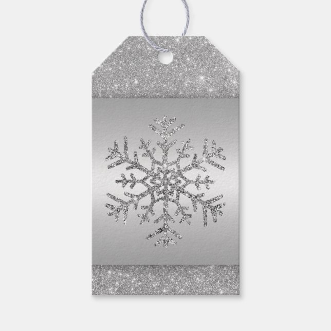Elegant Silver Glitter Snowflake Gift Tags (Front)