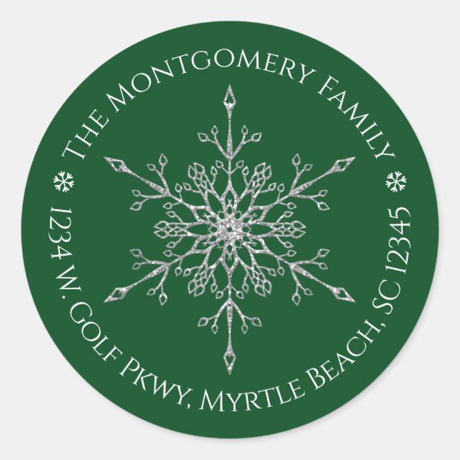 Elegant Silver Glitter Snowflake Name Address Classic Round Sticker (Front)