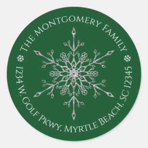 Elegant Silver Glitter Snowflake Name Address Classic Round Sticker