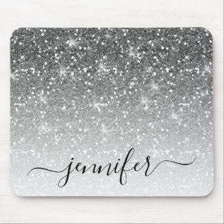Elegant Silver Glitter Sparkle Your Name Mouse Mat
