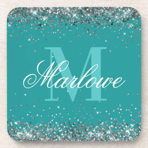 Elegant Silver Glitter Teal Monogram Coaster