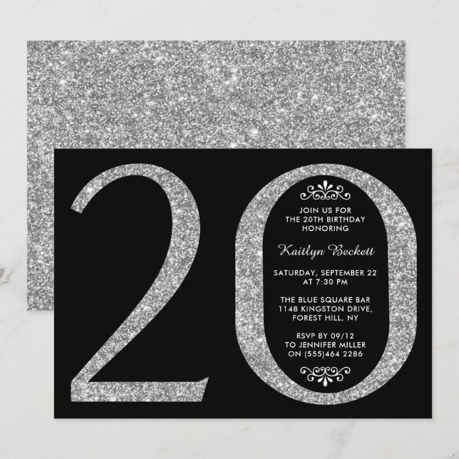 Elegant Silver Glitter Typography 20th Birthday Invitation (Front/Back)