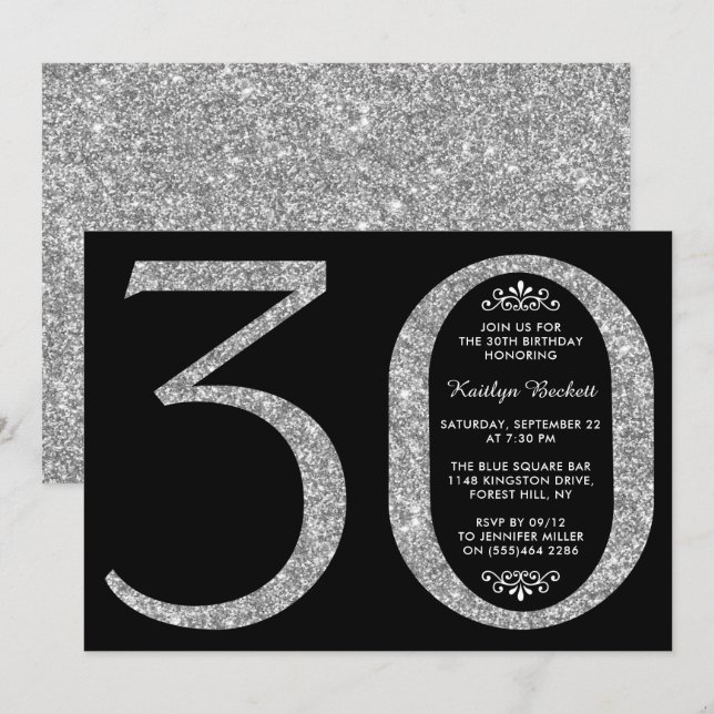 Elegant Silver Glitter Typography 30th Birthday Invitation (Front/Back)