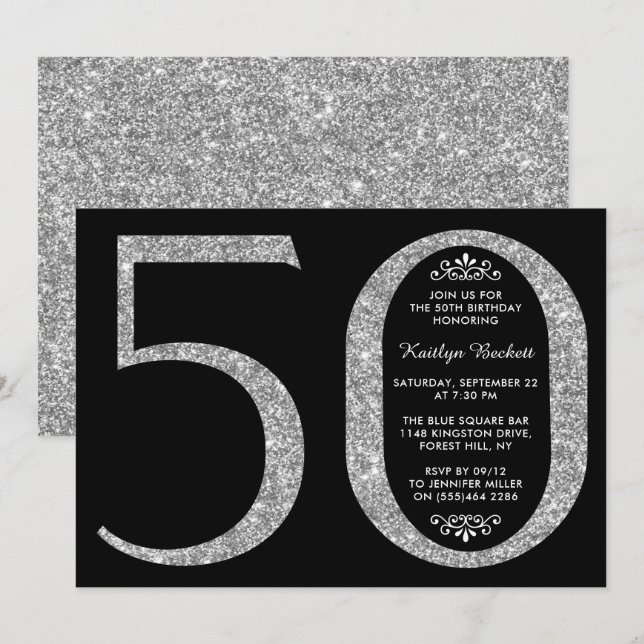 Elegant Silver Glitter Typography 50th Birthday Invitation (Front/Back)