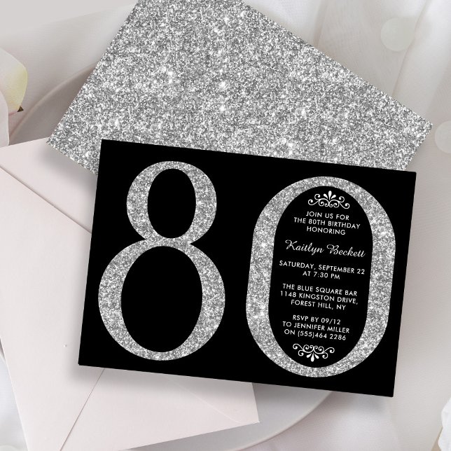Elegant Silver Glitter Typography 80th Birthday Invitation (Creator Uploaded)