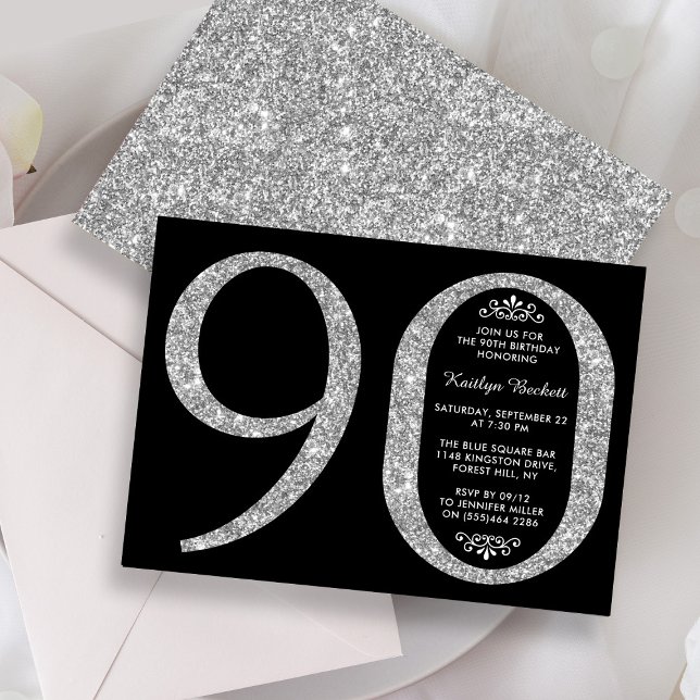 Elegant Silver Glitter Typography 90th Birthday Invitation (Creator Uploaded)
