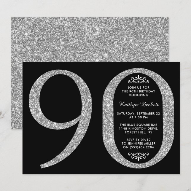 Elegant Silver Glitter Typography 90th Birthday Invitation (Front/Back)