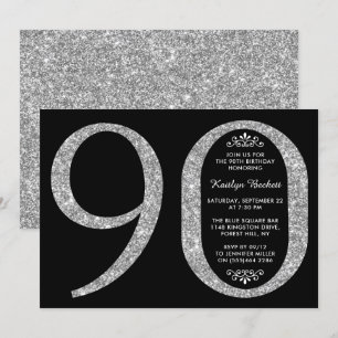 Elegant Silver Glitter Typography 90th Birthday Invitation