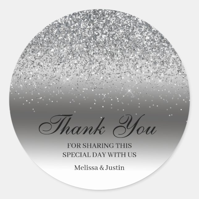 Elegant Silver Glitter Wedding Classic Round Sticker (Front)
